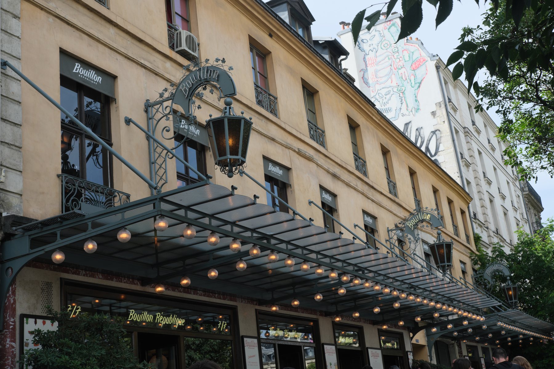 The entrance canopy of Bouillon République on boulevard du Temple, photographed in 2024
