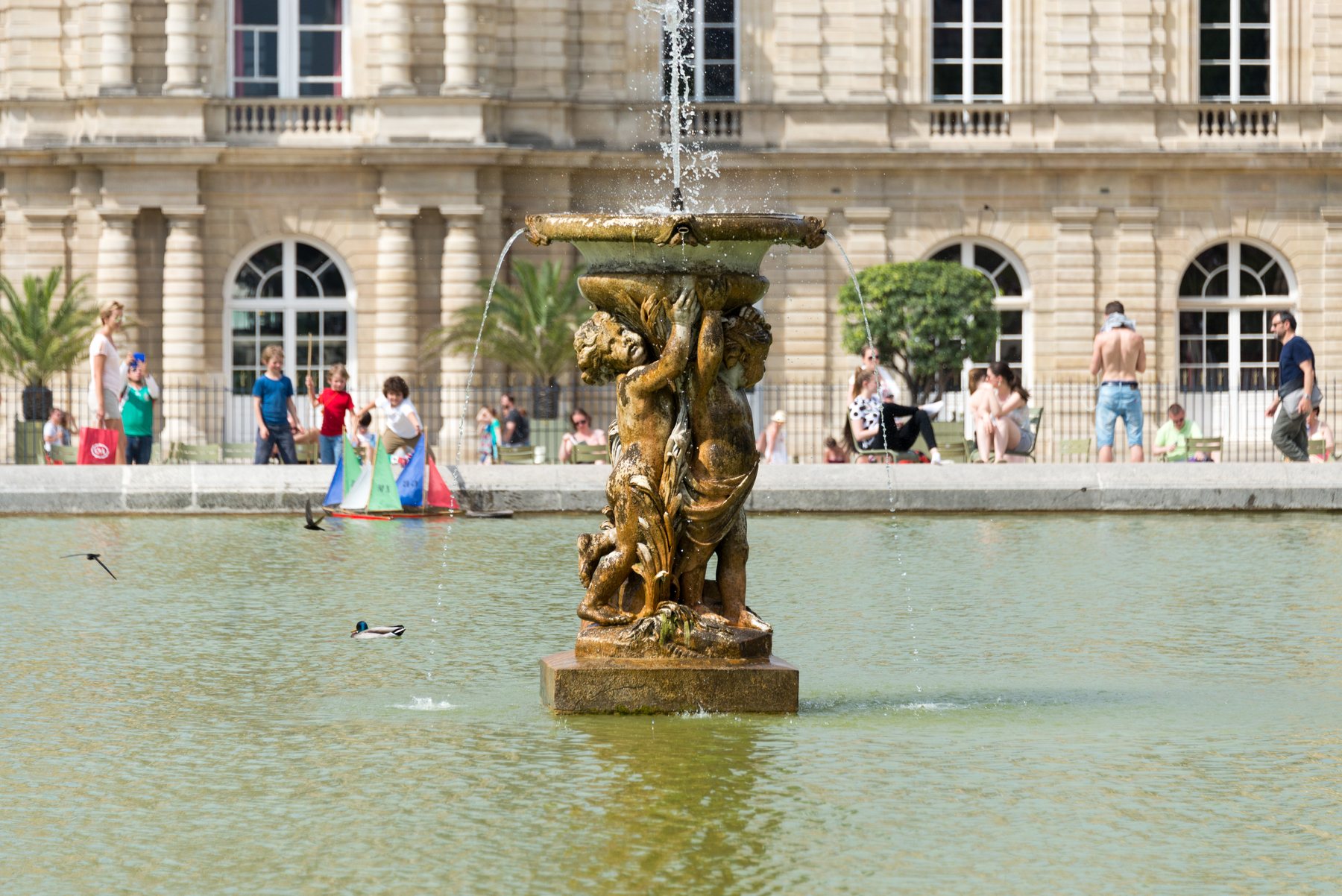 Fontaine et voiliers miniatures dans le bassin du Luxembourg, en 2017
