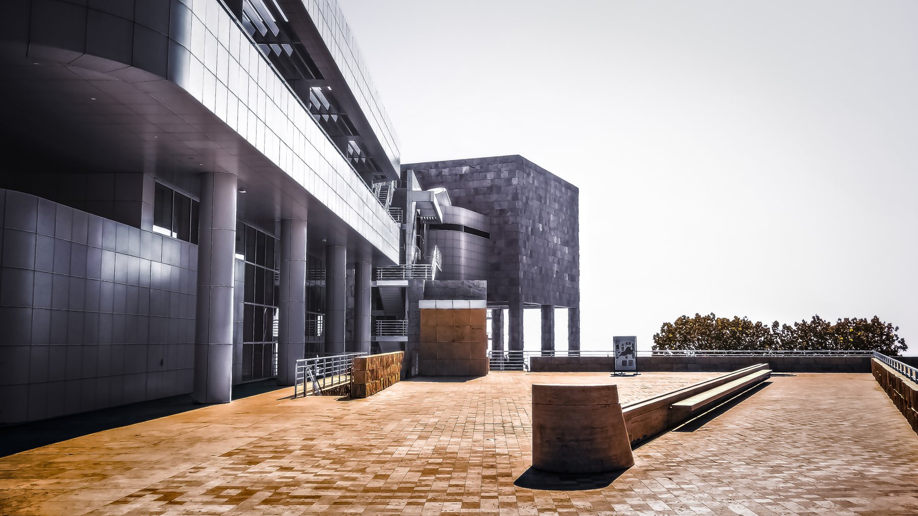 Architecture and terrace at the Getty Center in Los Angeles, photographed in October 2017