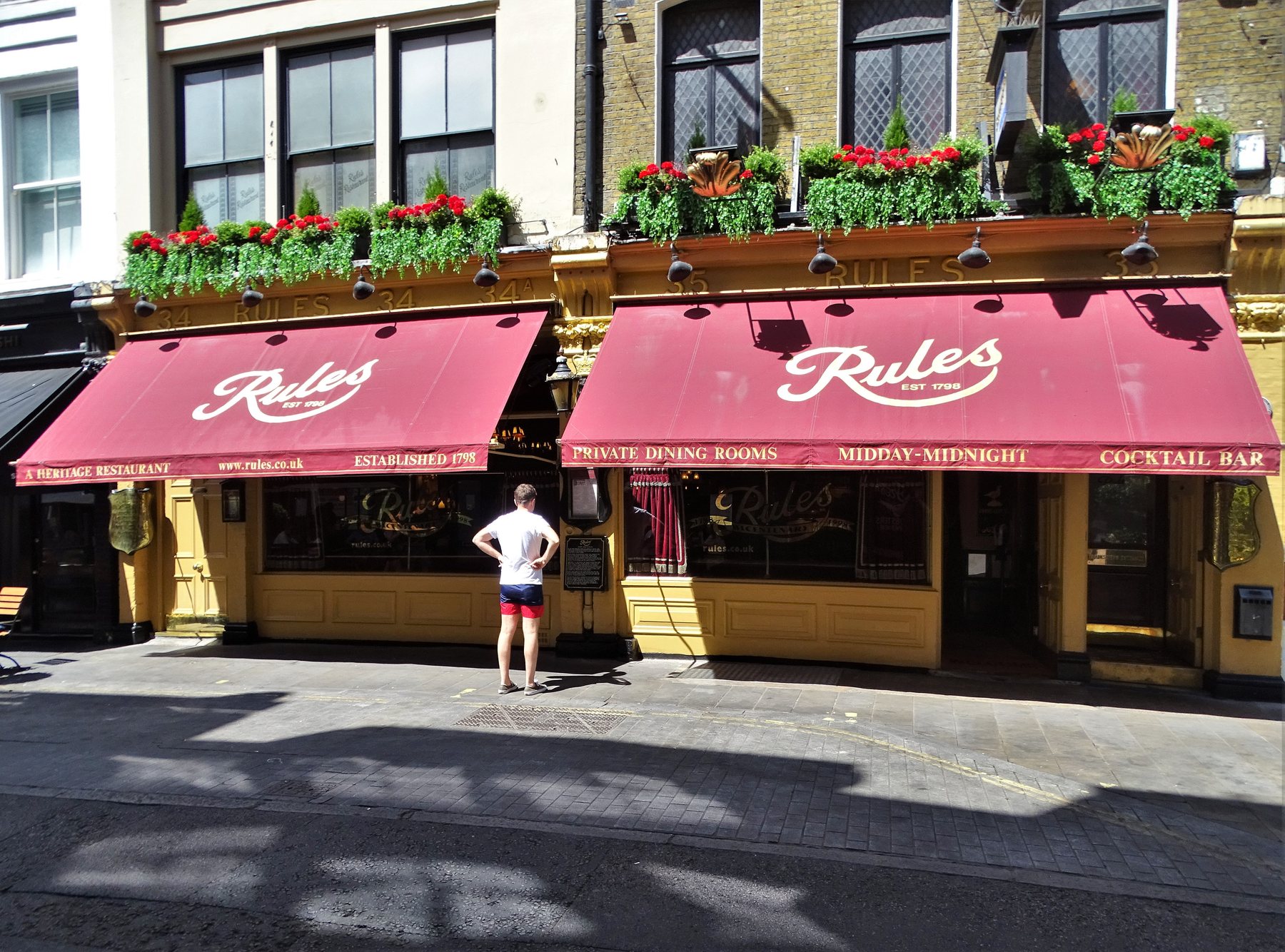 Rules restaurant on Maiden Lane in London, photographed in July 2022