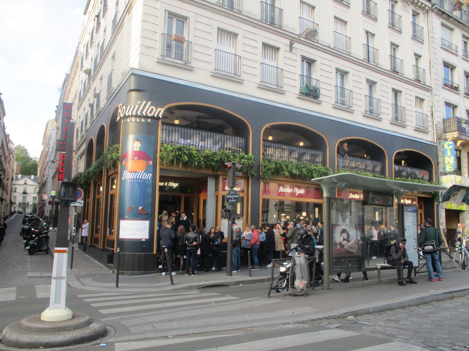The corner frontage and terrace of Bouillon Pigalle, photographed in 2019