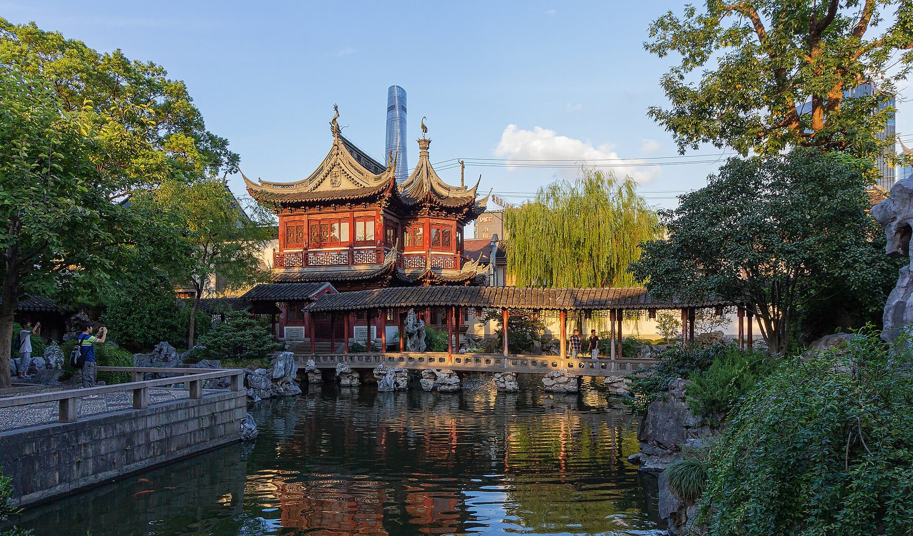 The pond and traditional buildings beside Yu Garden, photographed in September 2016